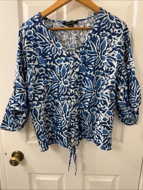 Charlies Blue & White Floral Tie-Hem V-Neck Tunic